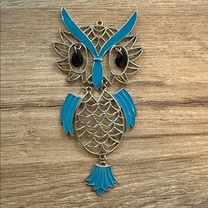Vintage Articulated Massive Silver Tone Owl Pendant Turquoise Blue Black Gems